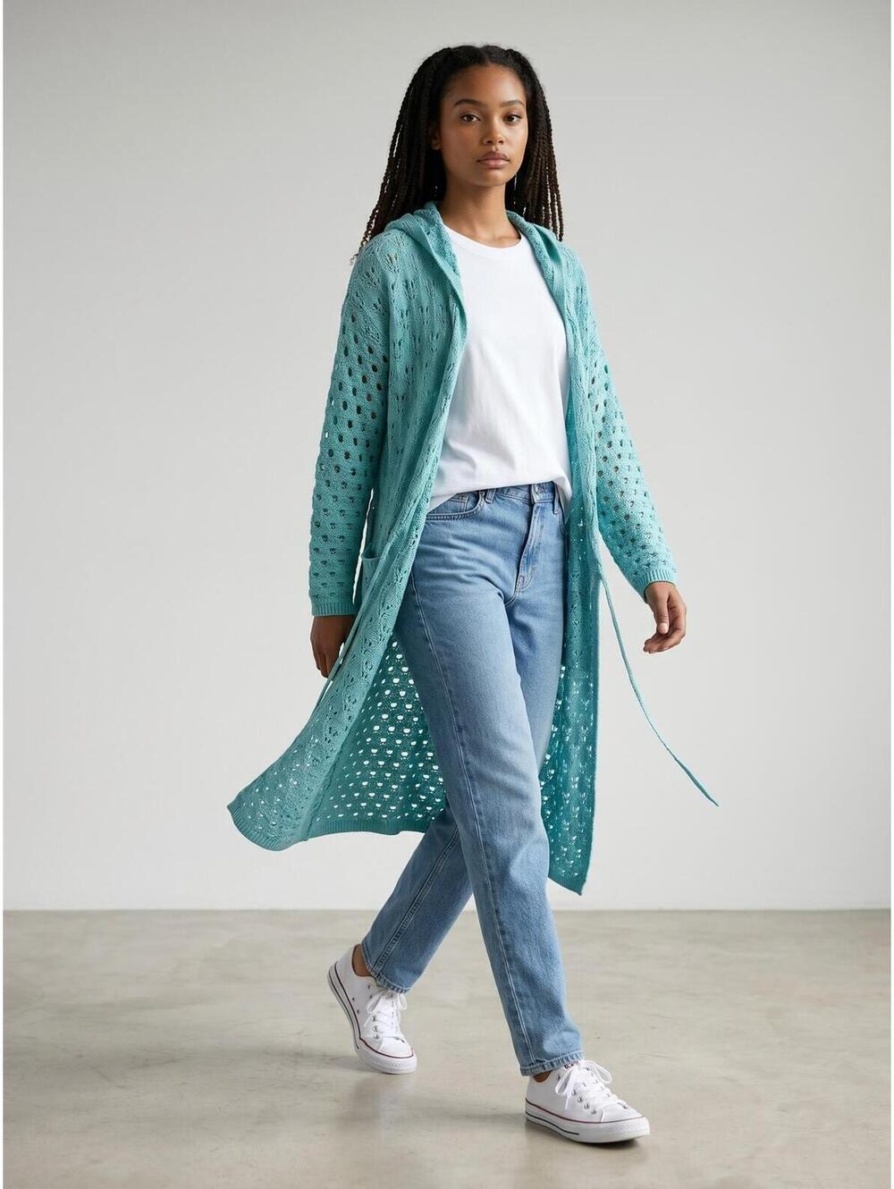 Blue Velvet NWT Crochet Knit Duster Hoodie - Size M / L - Aqua